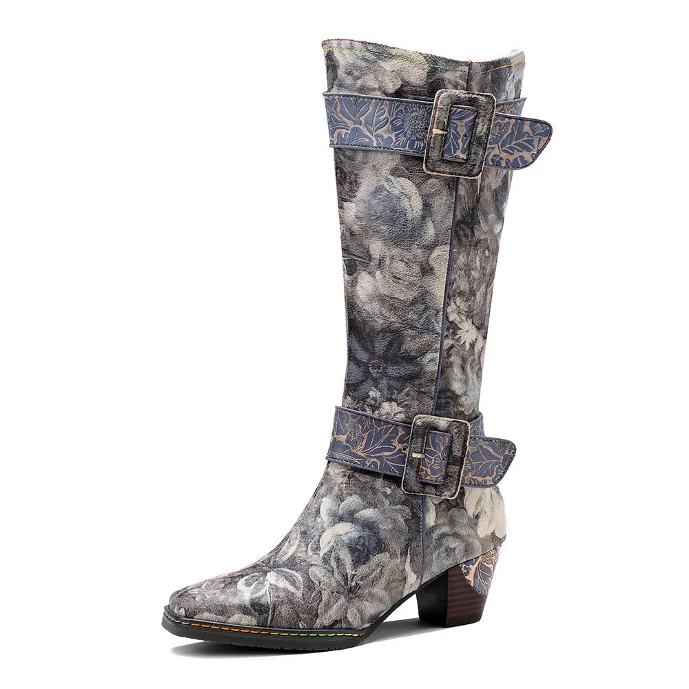 Genuine Leather Stripe & Smoke Floral Buckle  Knight Heel Knee Boots- Soffia