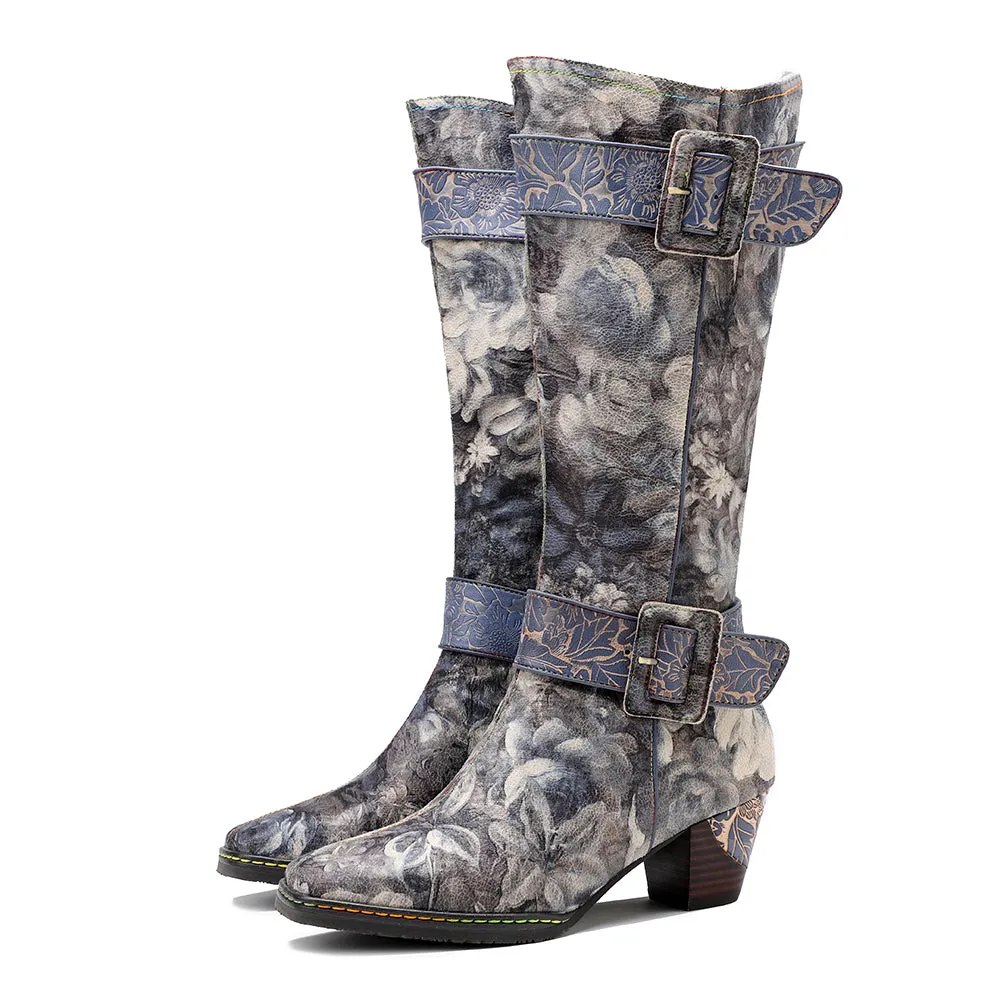Genuine Leather Stripe & Smoke Floral Buckle  Knight Heel Knee Boots- Soffia
