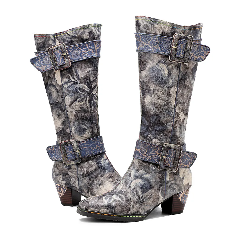 Genuine Leather Stripe & Smoke Floral Buckle  Knight Heel Knee Boots- Soffia