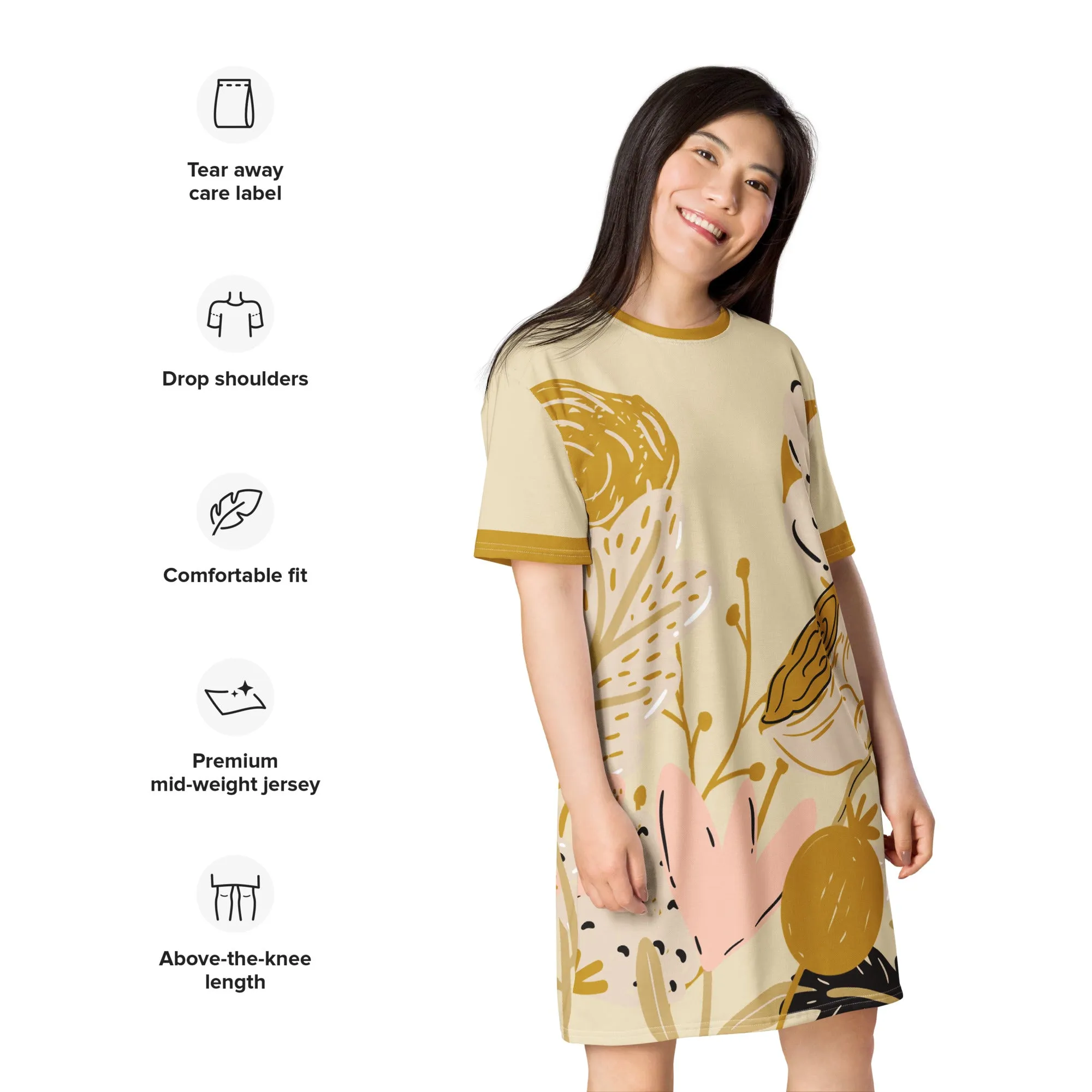Gold & Pink Large Floral T-Shirt Dress