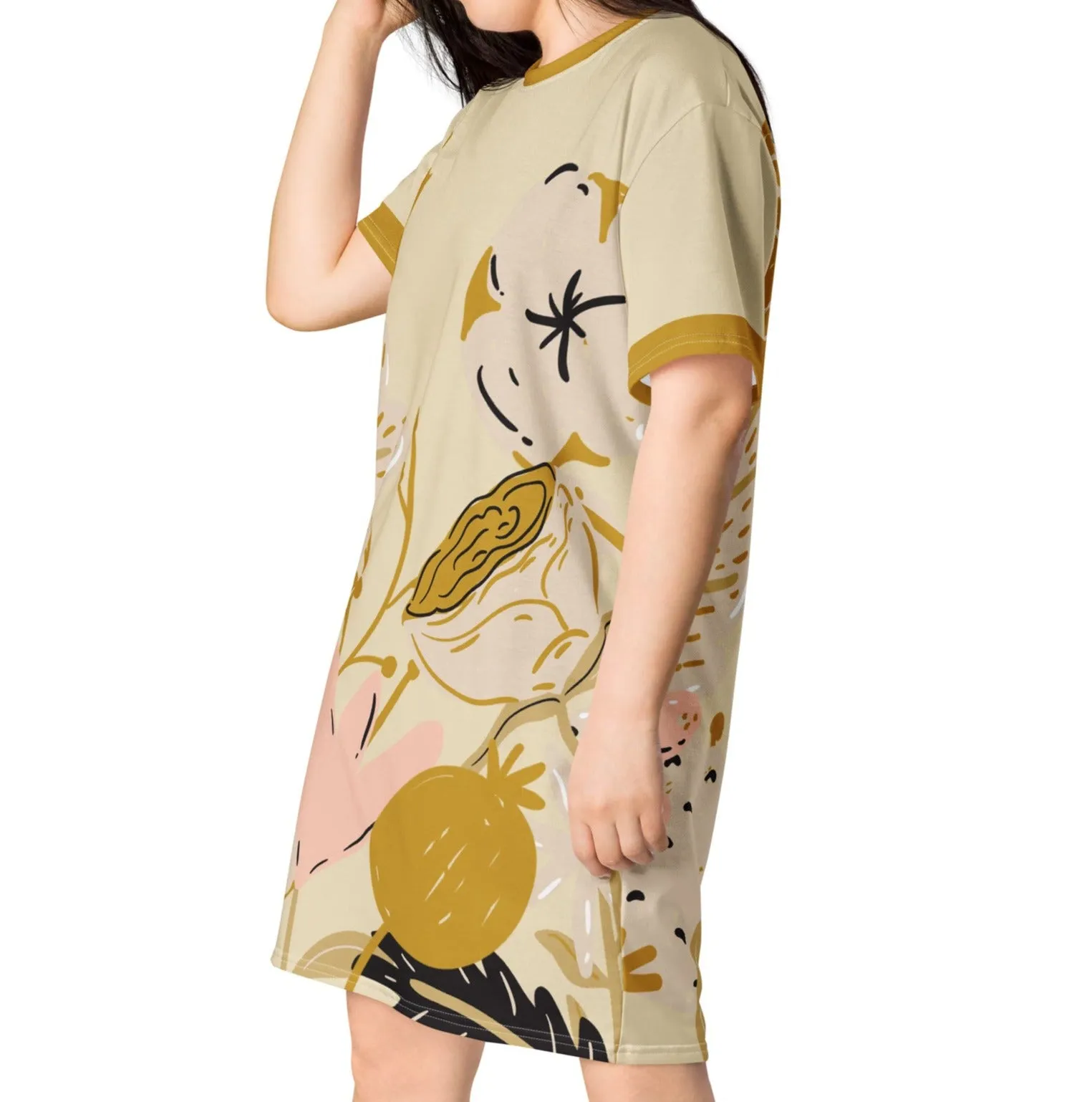 Gold & Pink Large Floral T-Shirt Dress
