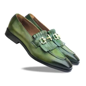 Green Hand Patina Loafers Fringes