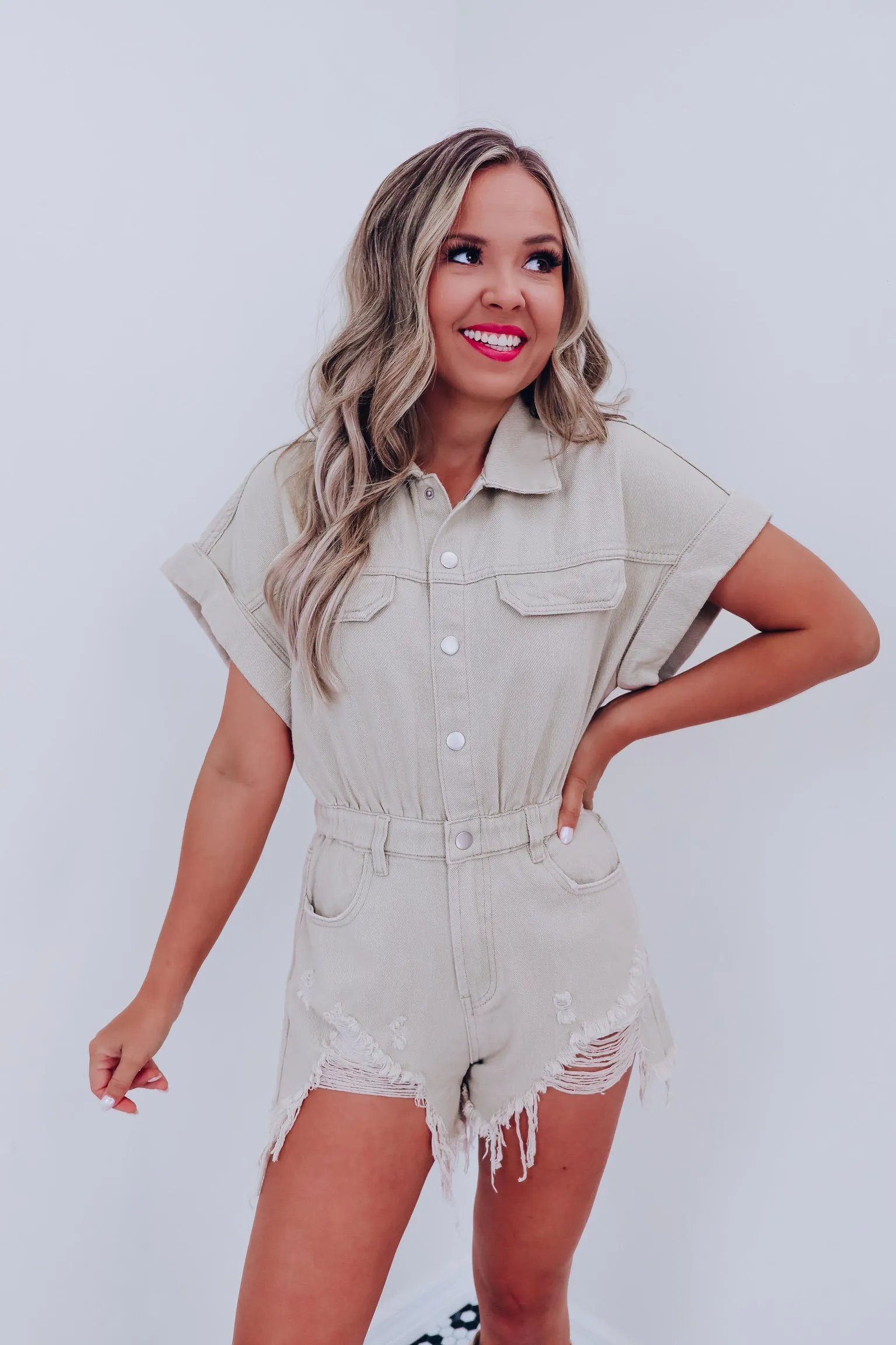 I'm Torn Distressed Denim Romper - Oatmeal