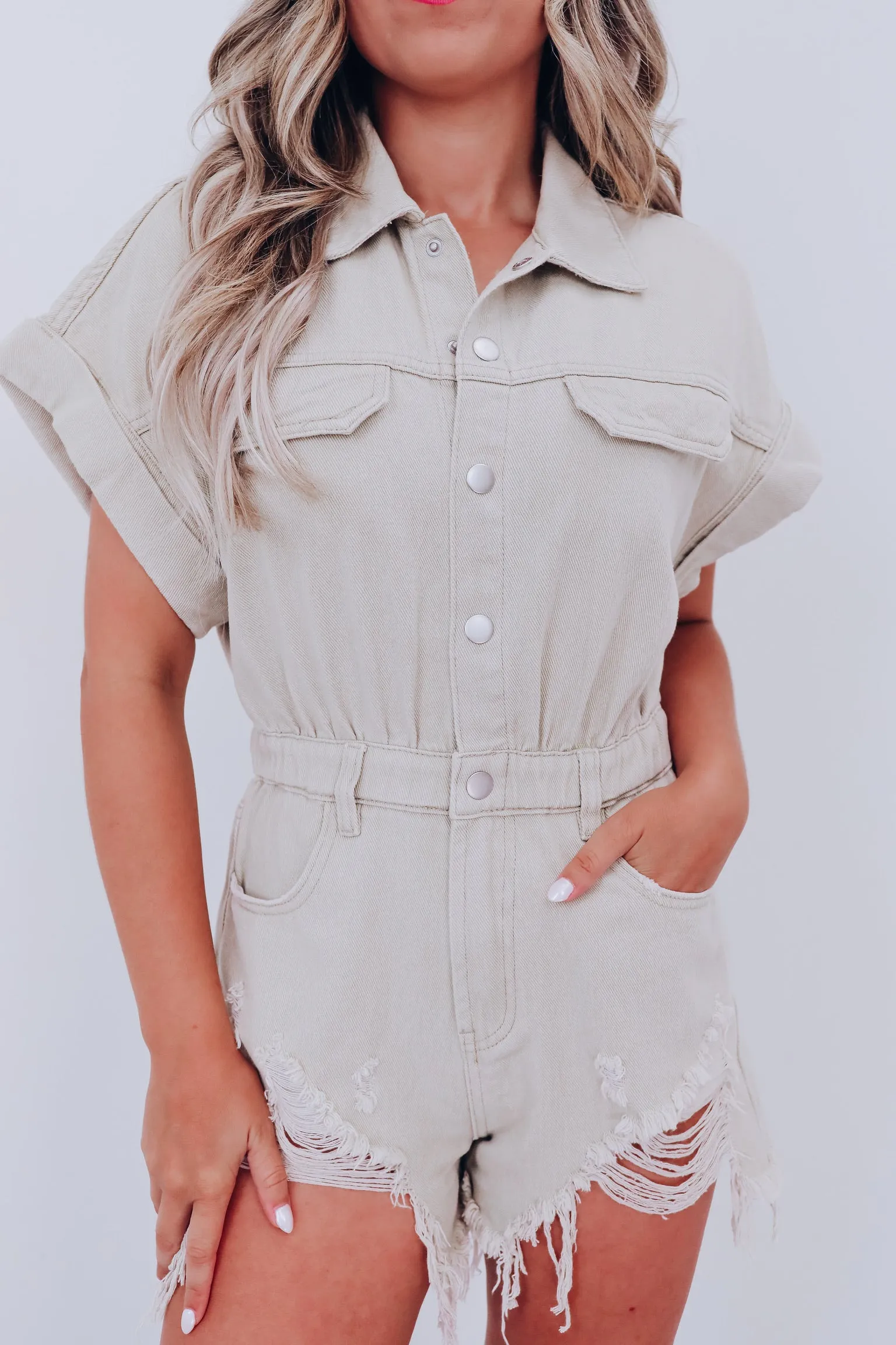 I'm Torn Distressed Denim Romper - Oatmeal