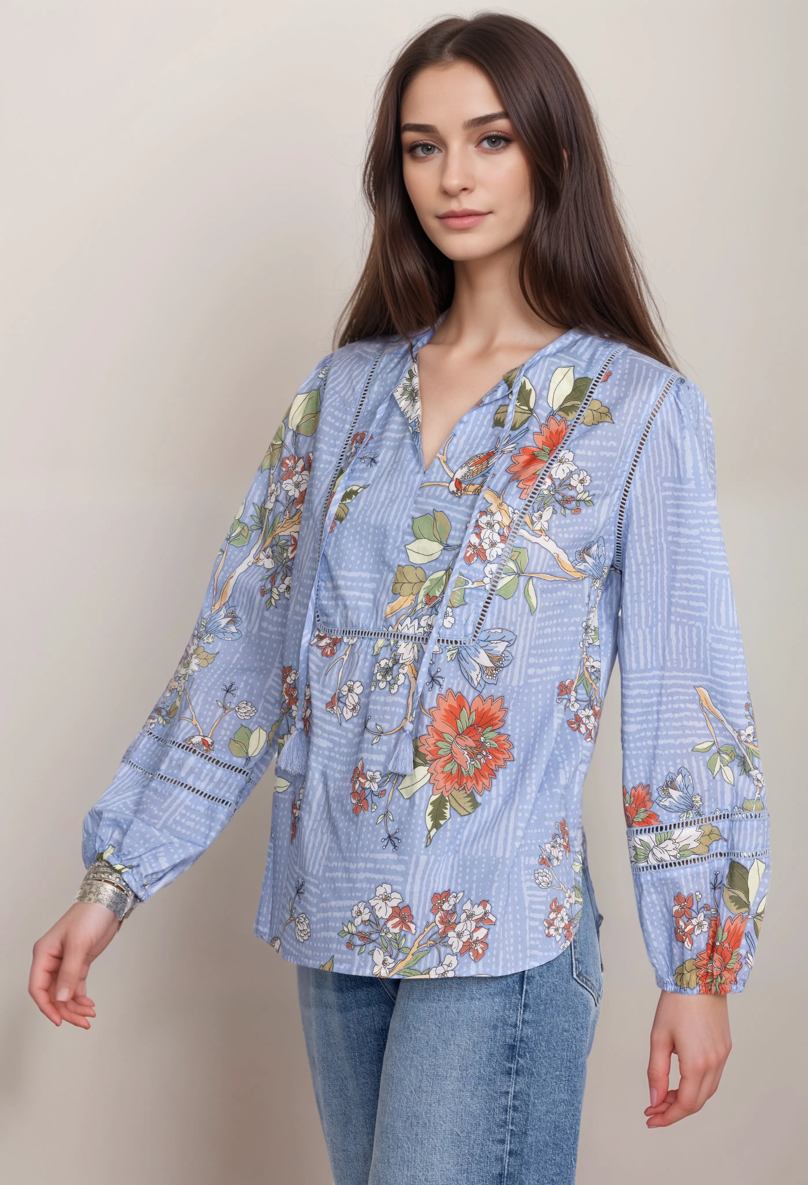 Johnny Was Mosaic Curved Hem Prairie Cotton Blouse R19824