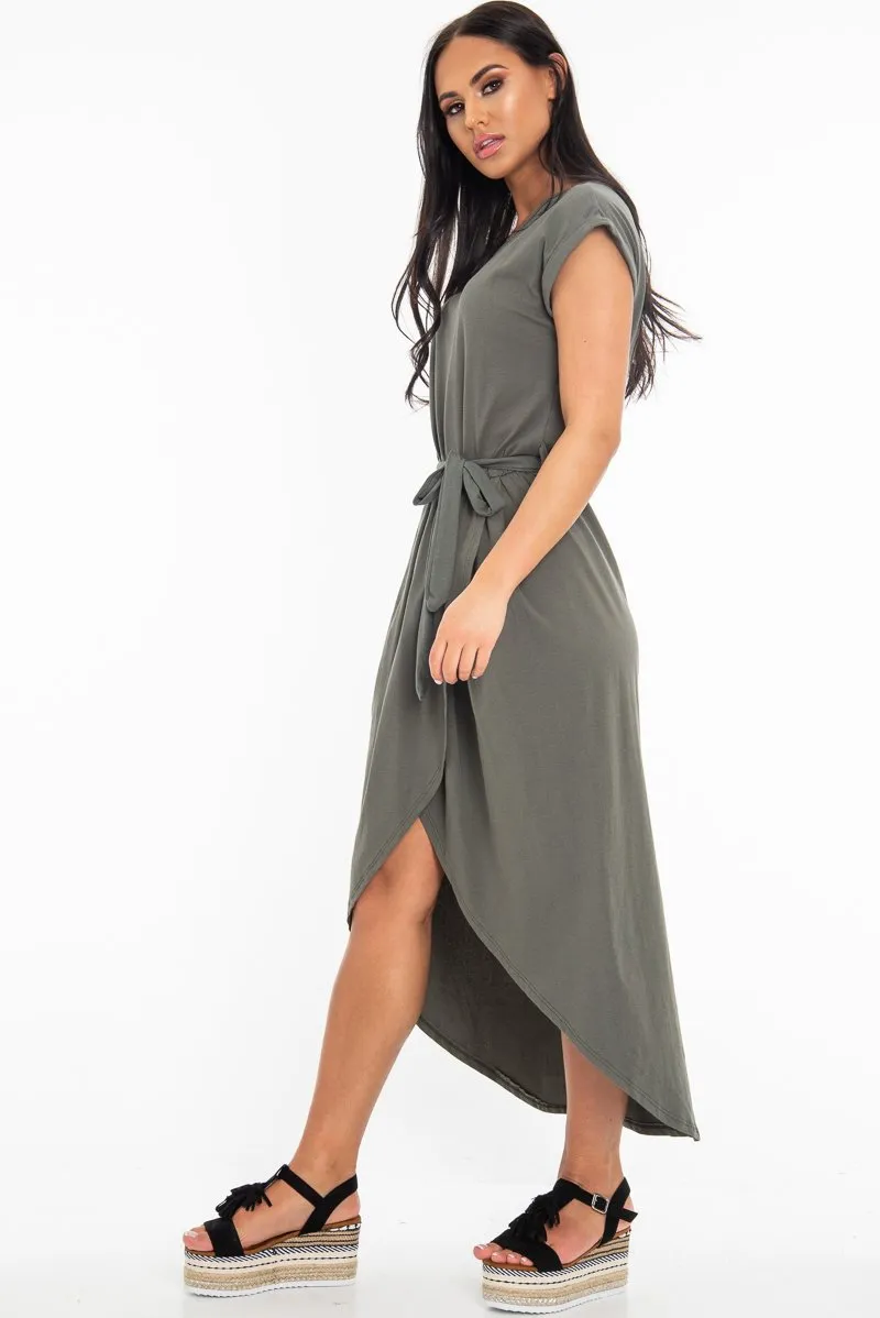 Khaki Scoop Neck Belted Wrap Maxi Dress - Allie