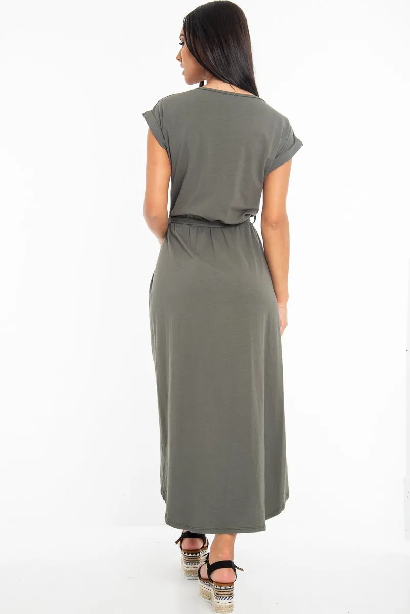Khaki Scoop Neck Belted Wrap Maxi Dress - Allie