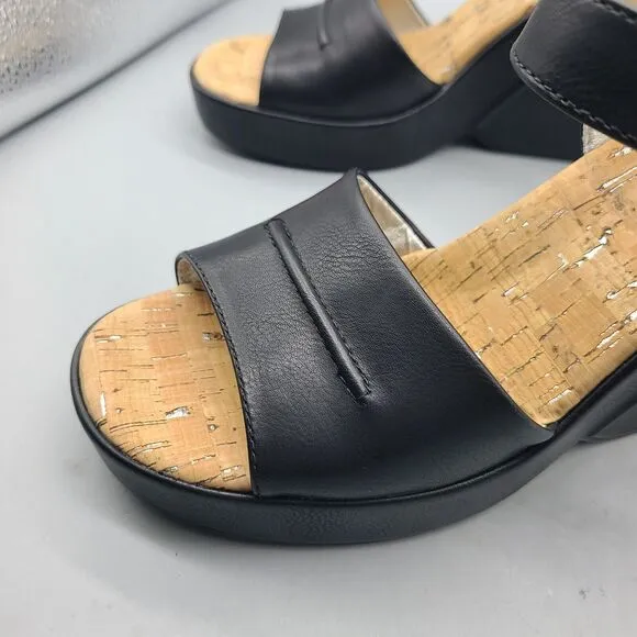 KORK EASE Bardot Sz 9/ 40 Sandals Platform Wedge Leather Black Ankle Strap New