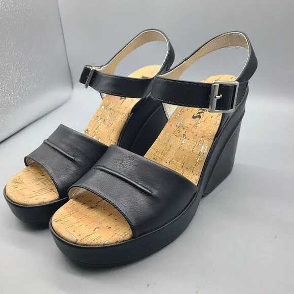 KORK EASE Bardot Sz 9/ 40 Sandals Platform Wedge Leather Black Ankle Strap New