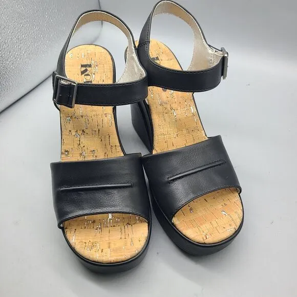 KORK EASE Bardot Sz 9/ 40 Sandals Platform Wedge Leather Black Ankle Strap New