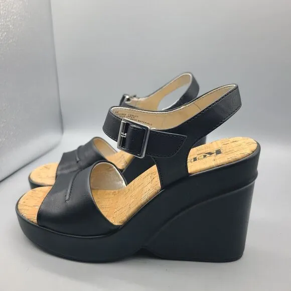 KORK EASE Bardot Sz 9/ 40 Sandals Platform Wedge Leather Black Ankle Strap New