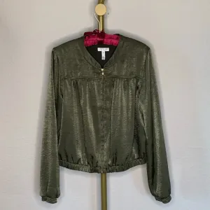 Leith Women’s Olive Green Satin Sheen Luxe Bomber Jacket size M Casual