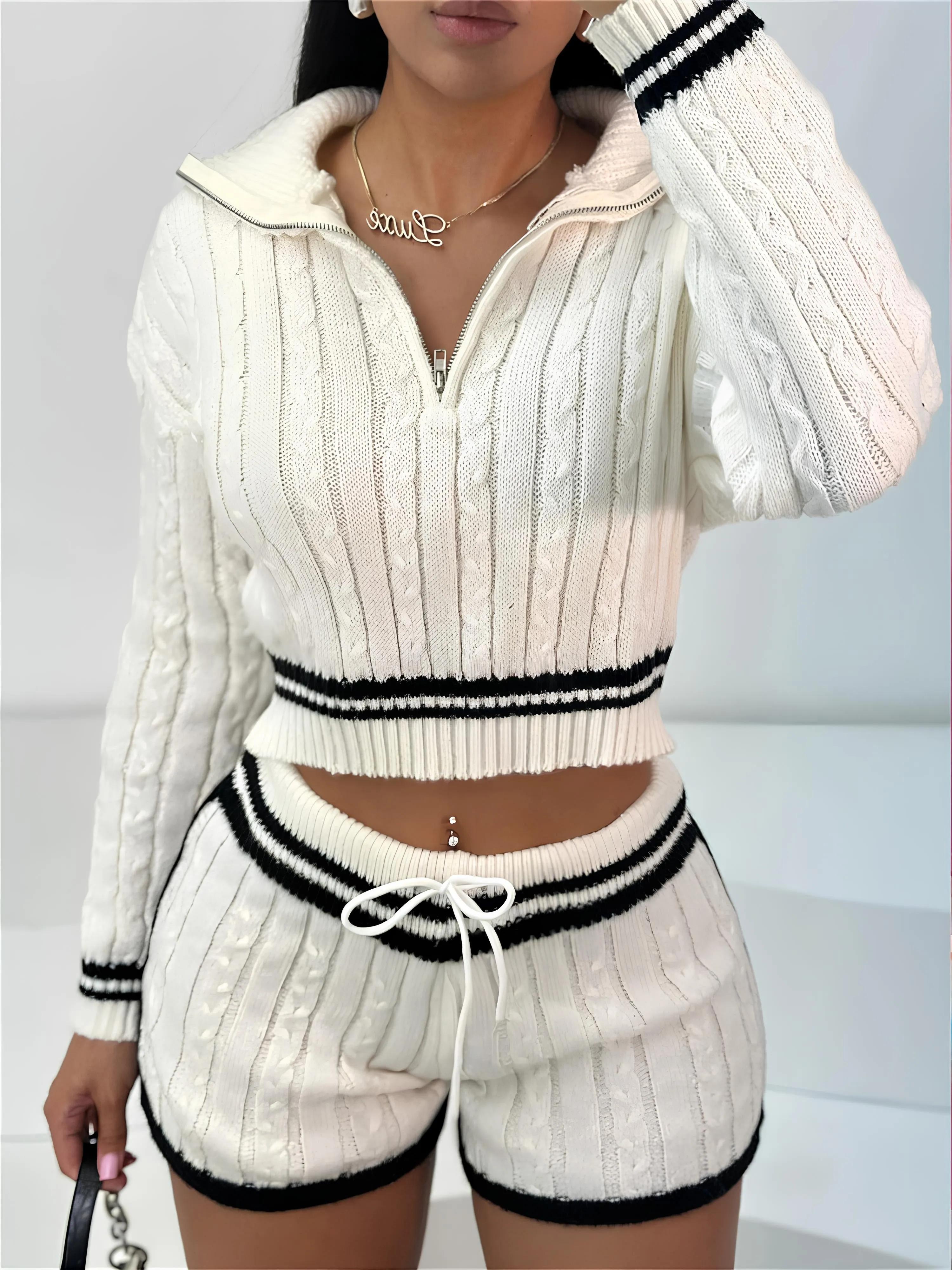 Leopard Print Knitted 2-Piece Set – Zipper Lapel Crop Top & Drawstring Mini Shorts