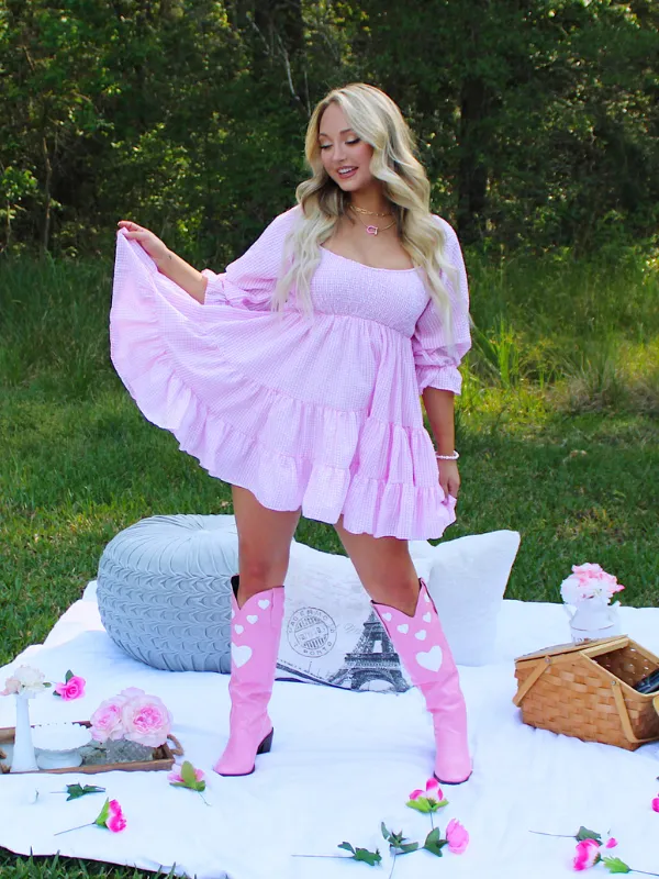 Lola Gingham Smocked Ruffle Dress, Pink