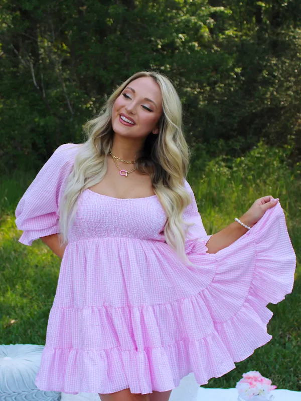 Lola Gingham Smocked Ruffle Dress, Pink