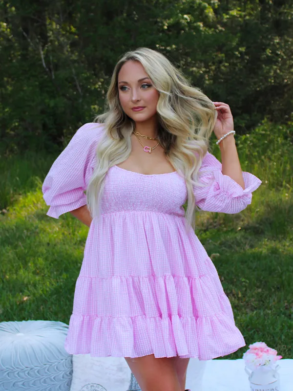 Lola Gingham Smocked Ruffle Dress, Pink