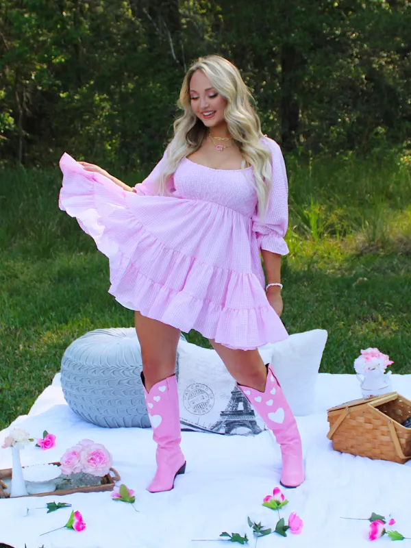 Lola Gingham Smocked Ruffle Dress, Pink