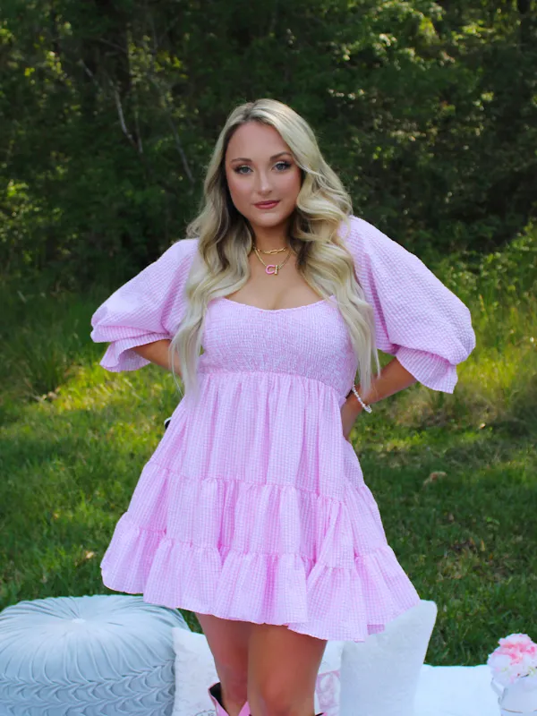 Lola Gingham Smocked Ruffle Dress, Pink