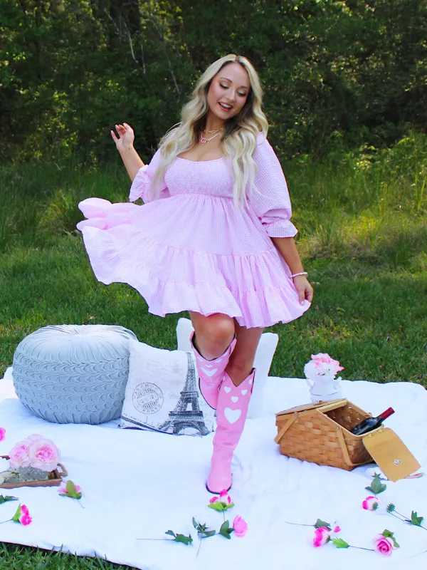 Lola Gingham Smocked Ruffle Dress, Pink