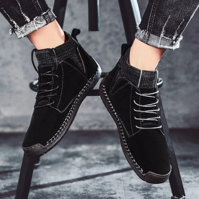 Men Ankle Boots Breathable Synthetic Suede Non-Slip Front Lace-Up
