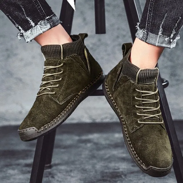 Men Ankle Boots Breathable Synthetic Suede Non-Slip Front Lace-Up