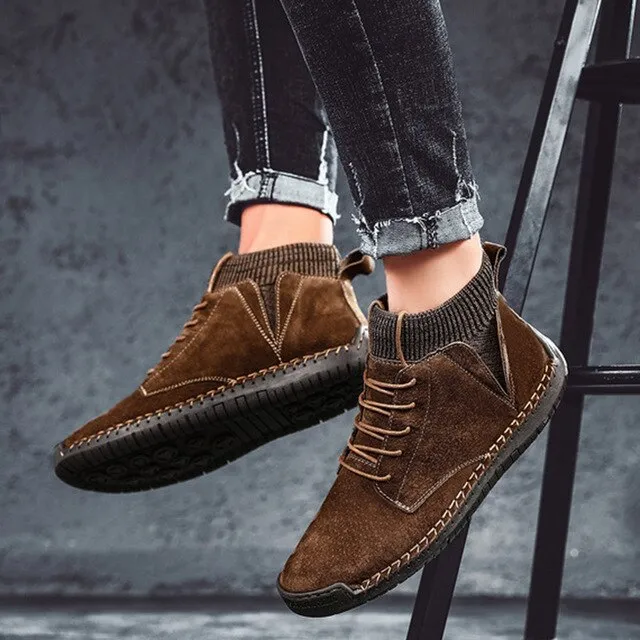 Men Ankle Boots Breathable Synthetic Suede Non-Slip Front Lace-Up