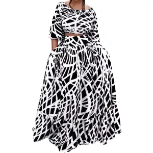 NEW EHQJNJ 2 Piece Black & White Maxi Skirt & Crop Peasant top Temperament Elegant Print Trendy Long, Sz S