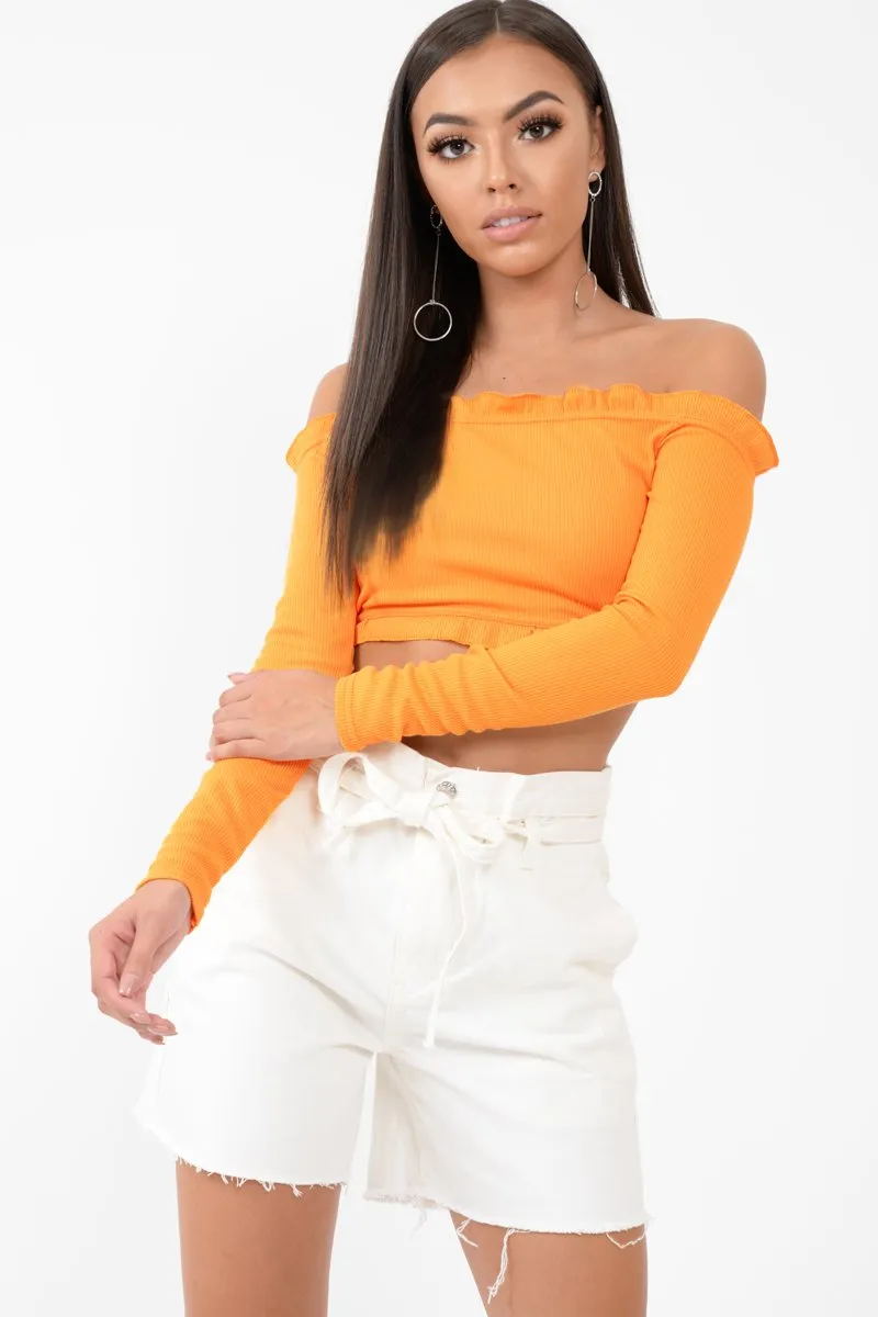 Orange Ribbed Frill Bardot Crop Top - Cassidy