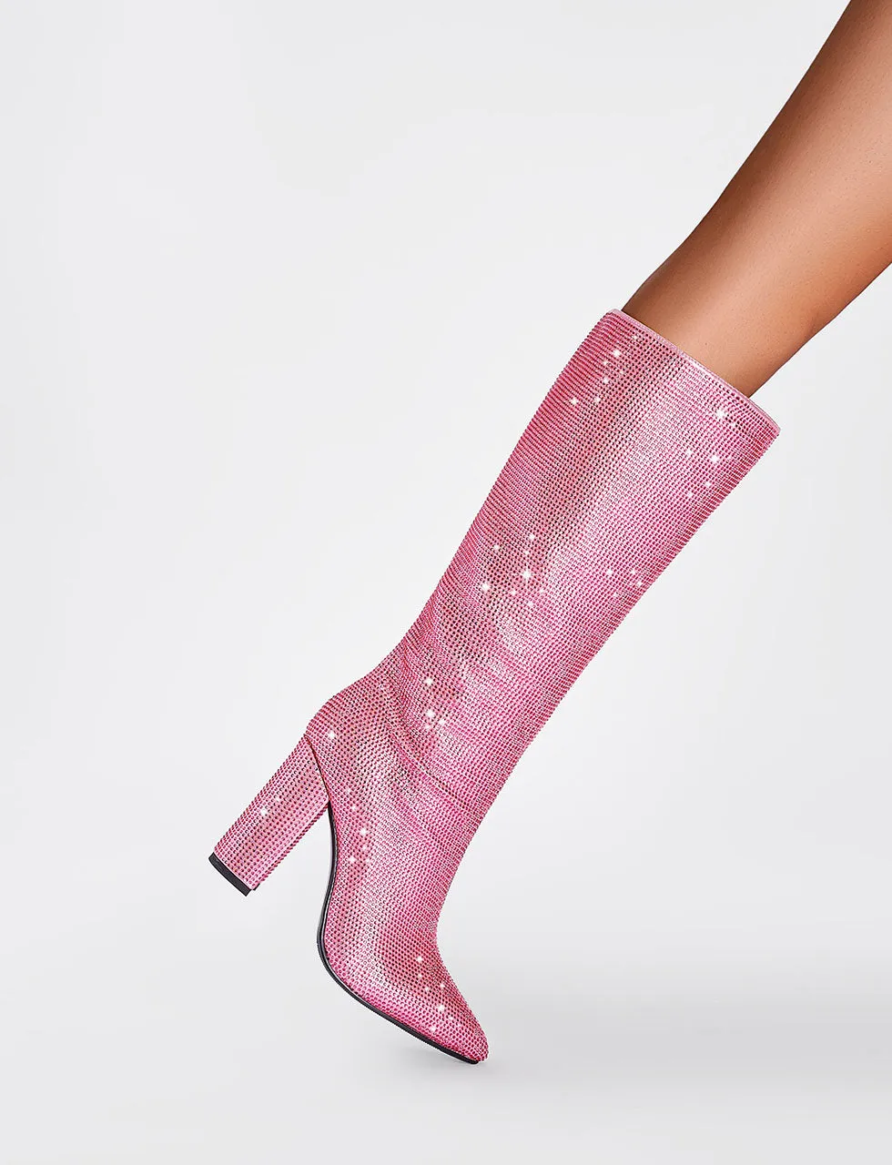 Pink High Heel Pointed Toes Luxury Bling Rhinestone Boots Shoes