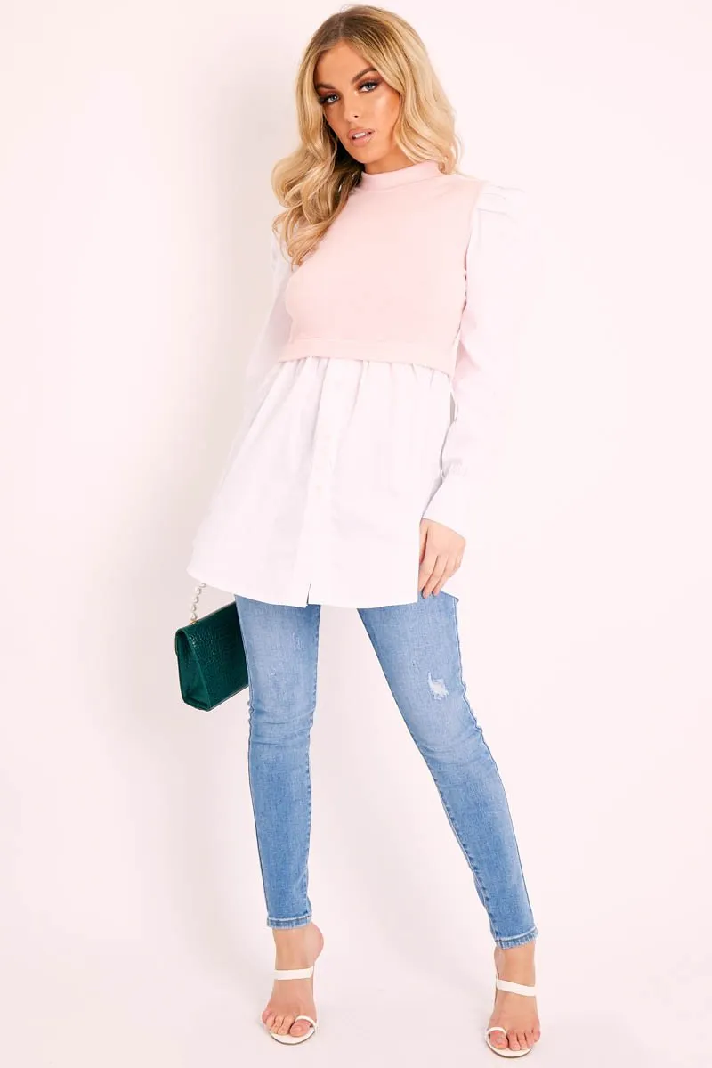 Pink Overlay Detail Puff Sleeve White Shirt Dress - Olah