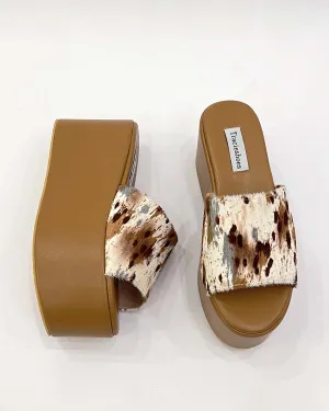 Pony hair thick platform slides women slippers