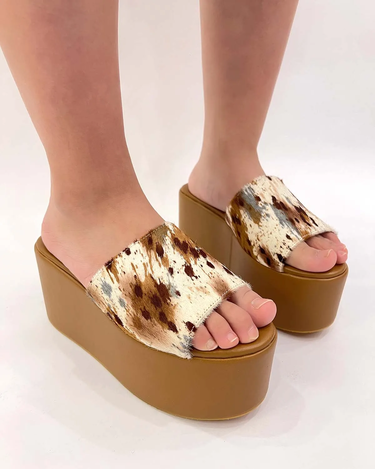 Pony hair thick platform slides women slippers