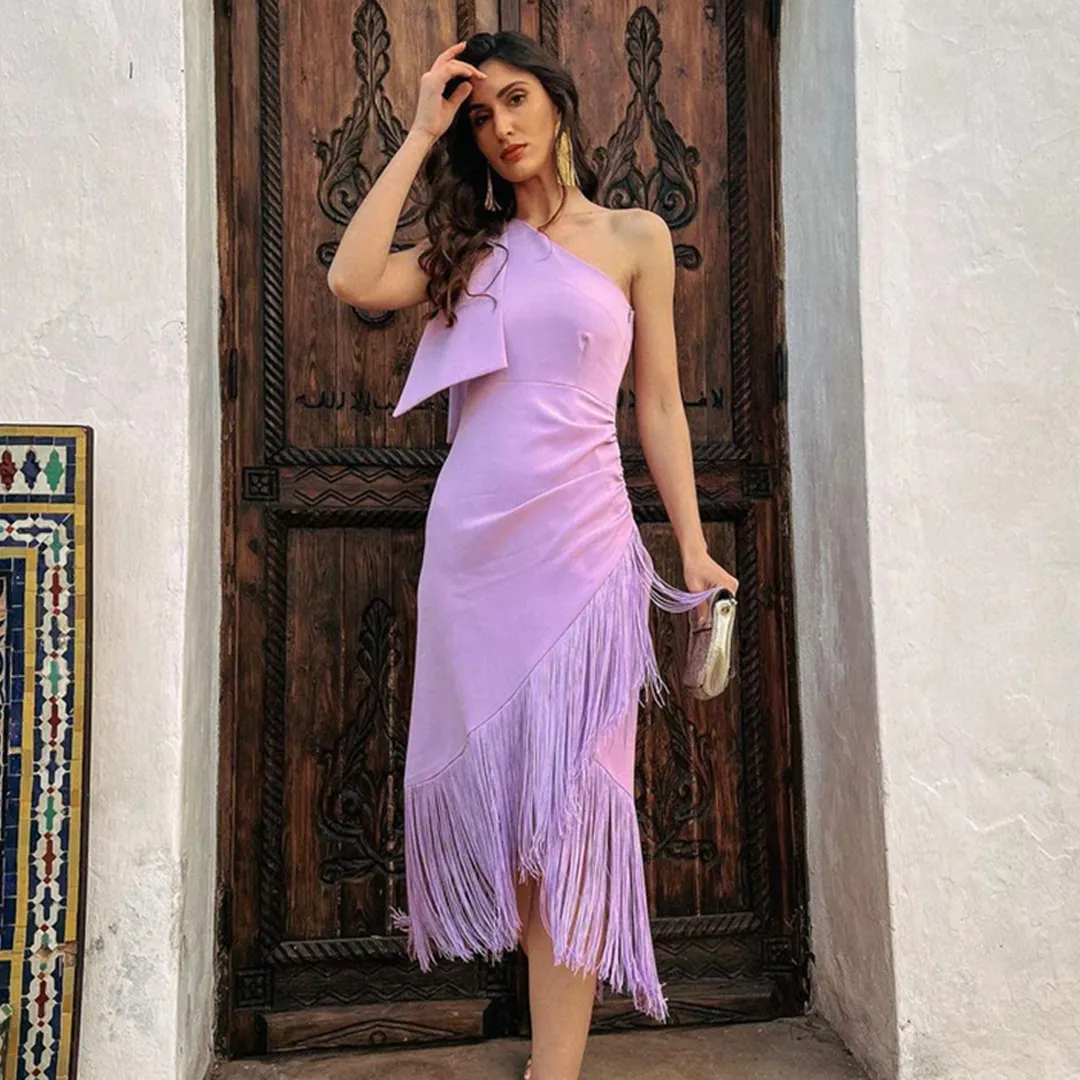 Pretty Girl Lavender One-shoulder Midi Dress With Fringes