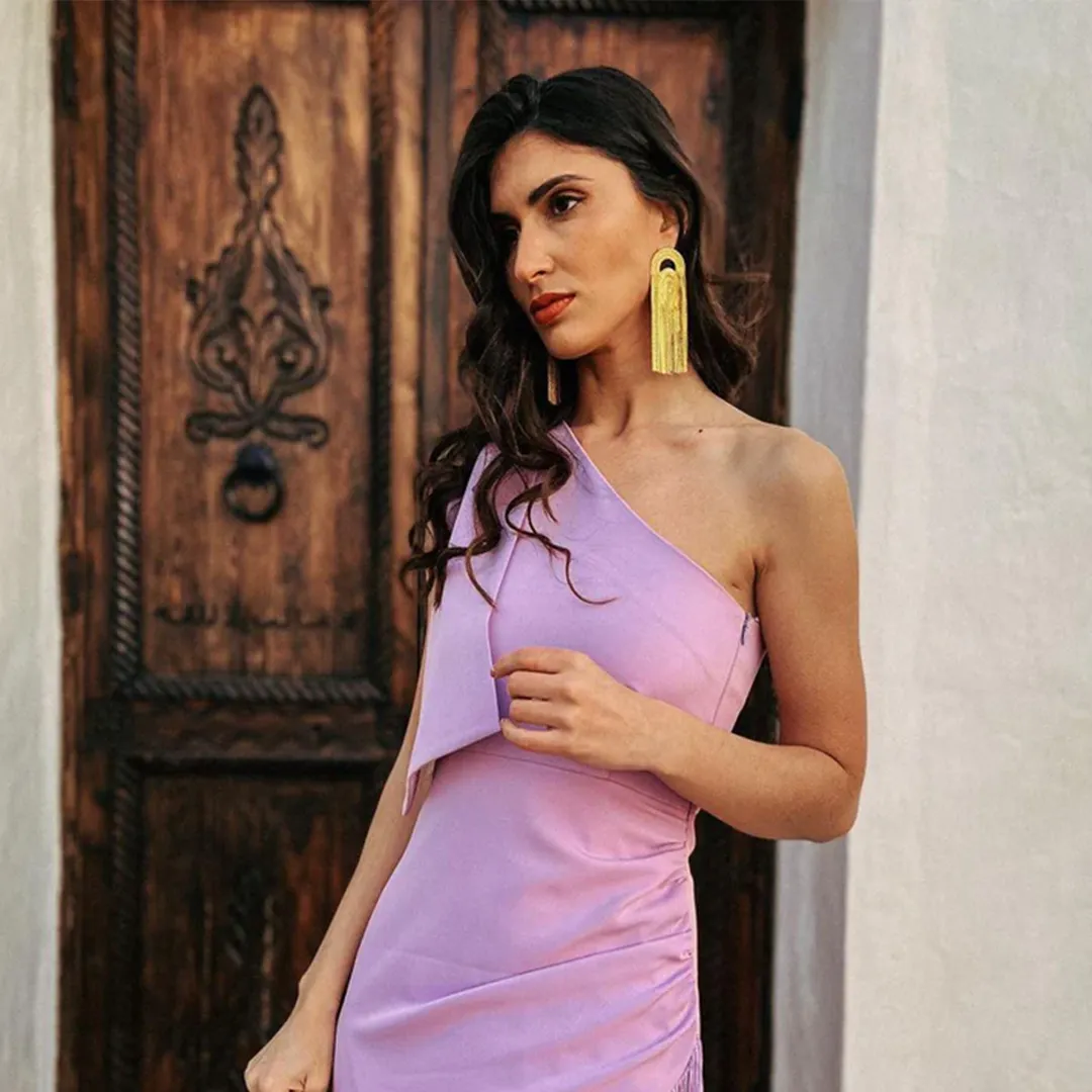 Pretty Girl Lavender One-shoulder Midi Dress With Fringes