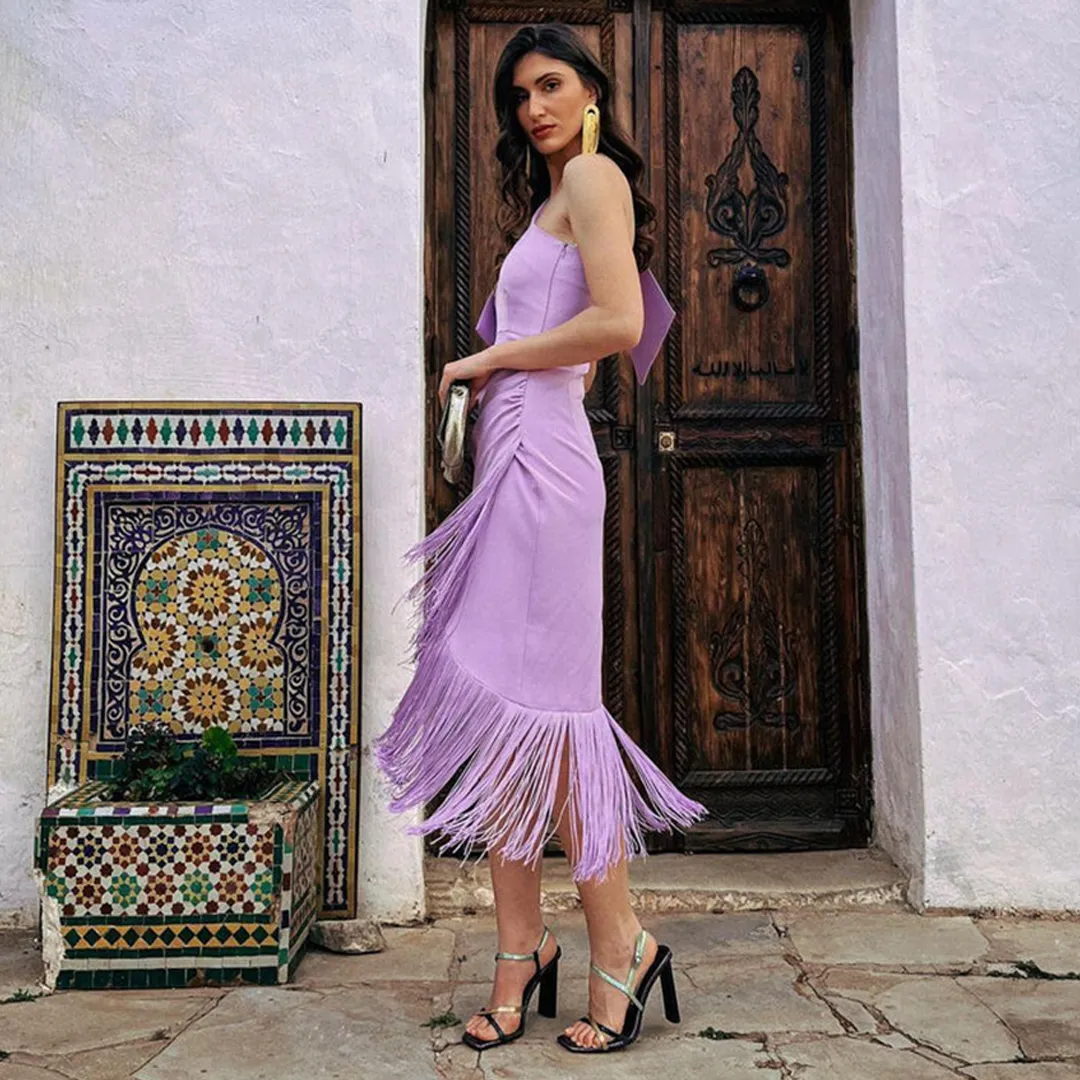 Pretty Girl Lavender One-shoulder Midi Dress With Fringes