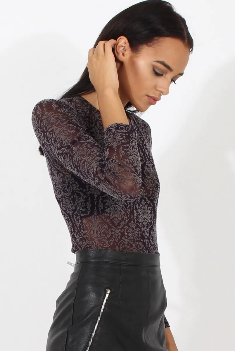 Purple Folk Print Sheer Bodysuit - Frances