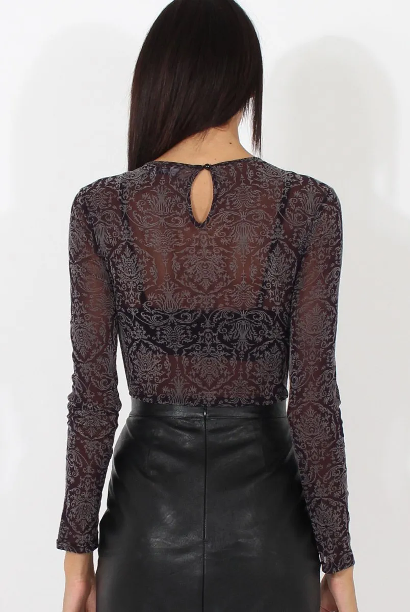 Purple Folk Print Sheer Bodysuit - Frances