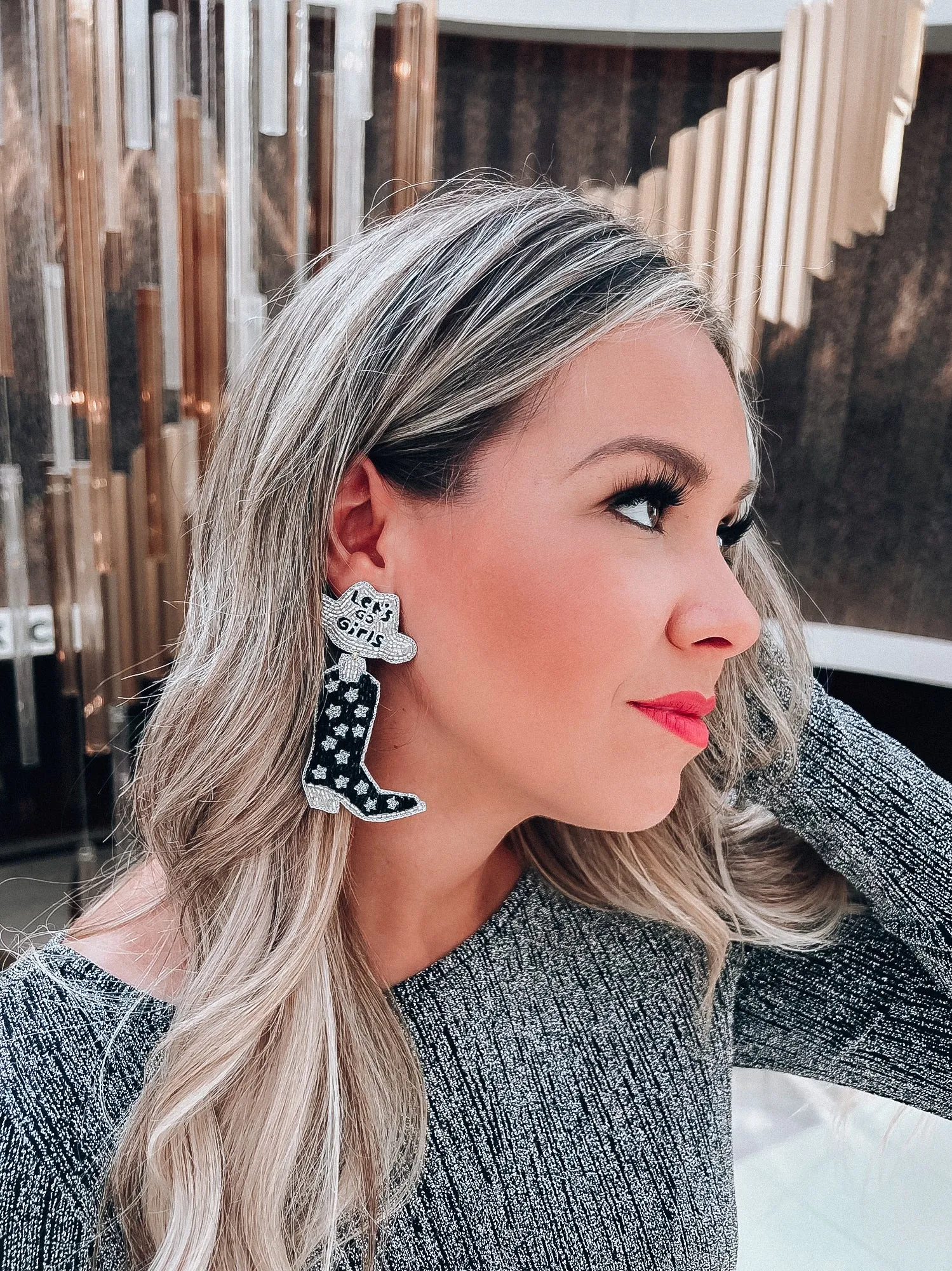 "Let's Go Girls" Cowboy Boot Earrings by Taylor Shaye - Black/Silver