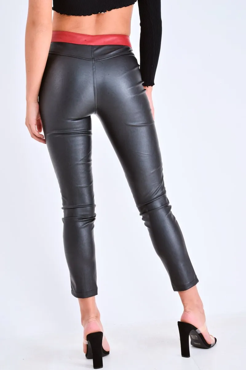 Red PU Colour Block Trousers - Mammie