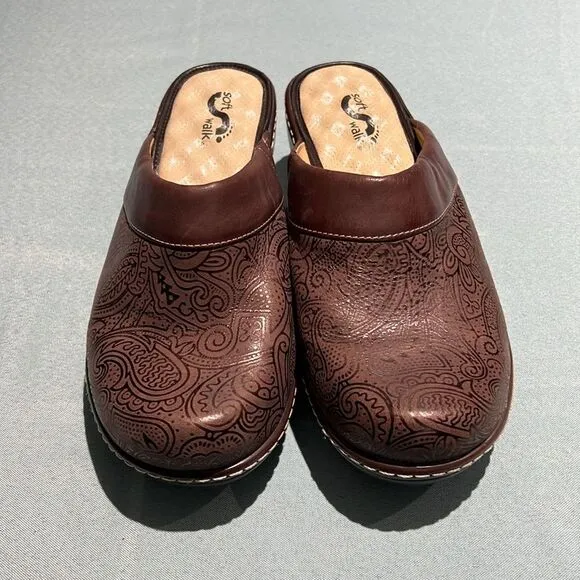Soft Walk Tooled Leather Mule Clogs Size 10 wide