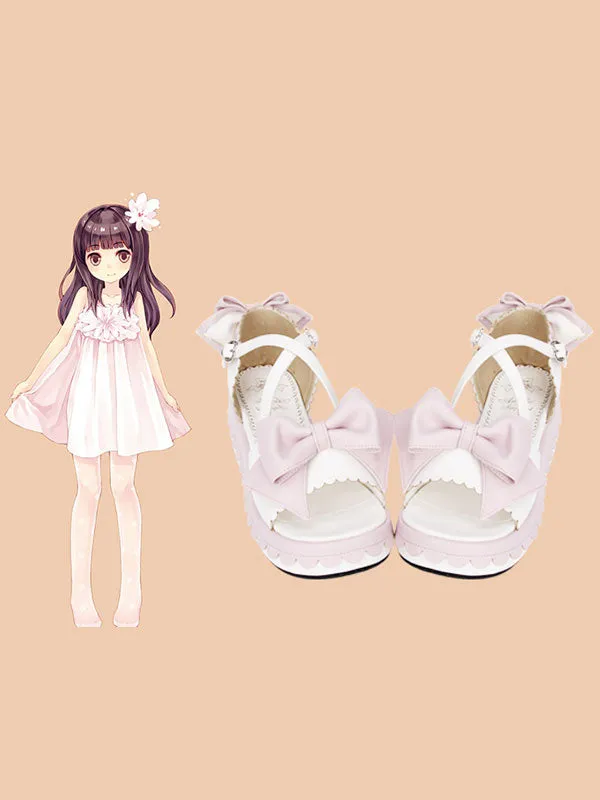 Sweet White Lolita Sandals Platform Pink Bows Ankle Straps Bows