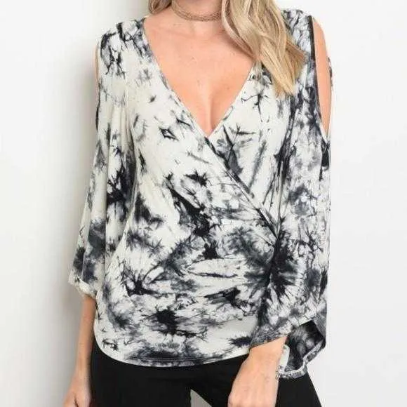Tie-Die Flared Sleeve Top Gray