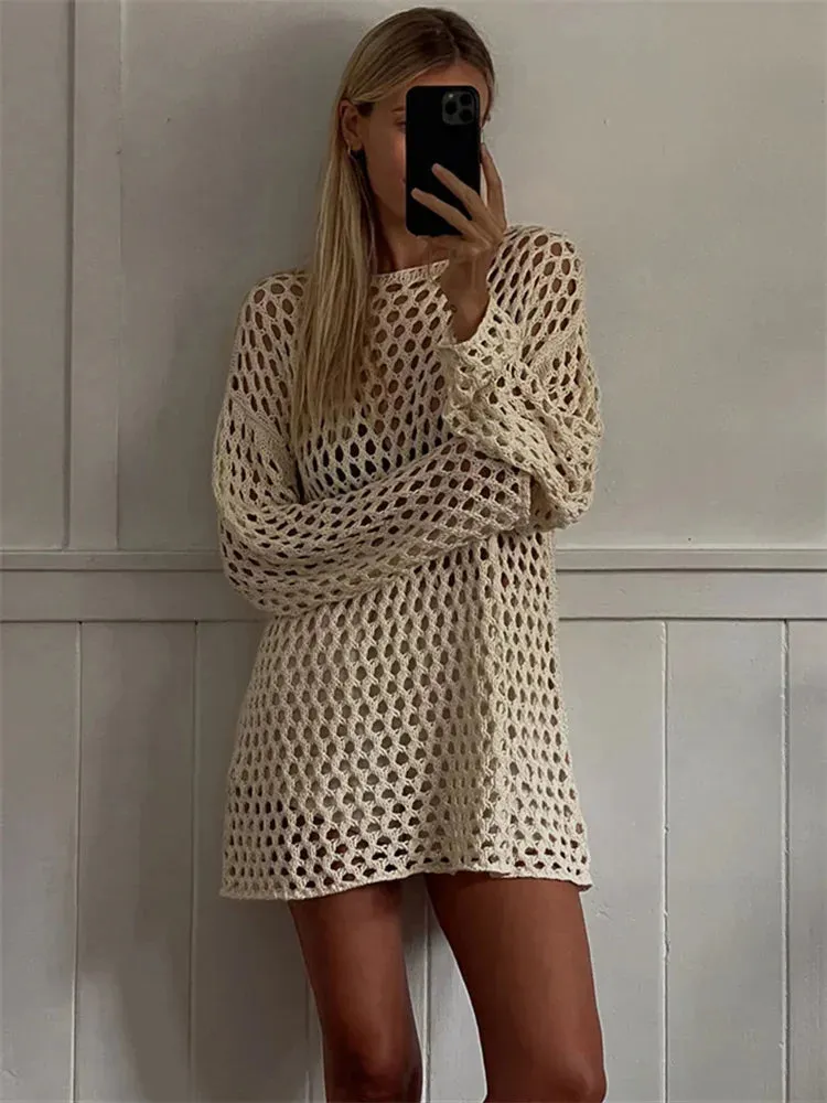 Tossy Knit Hollow Out Cover-Up Mini Dress for Women