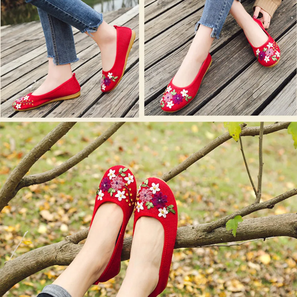 Vintage Embroidered Women Flats Flower Slip On Round Toe Shoes Loafers Ballerina