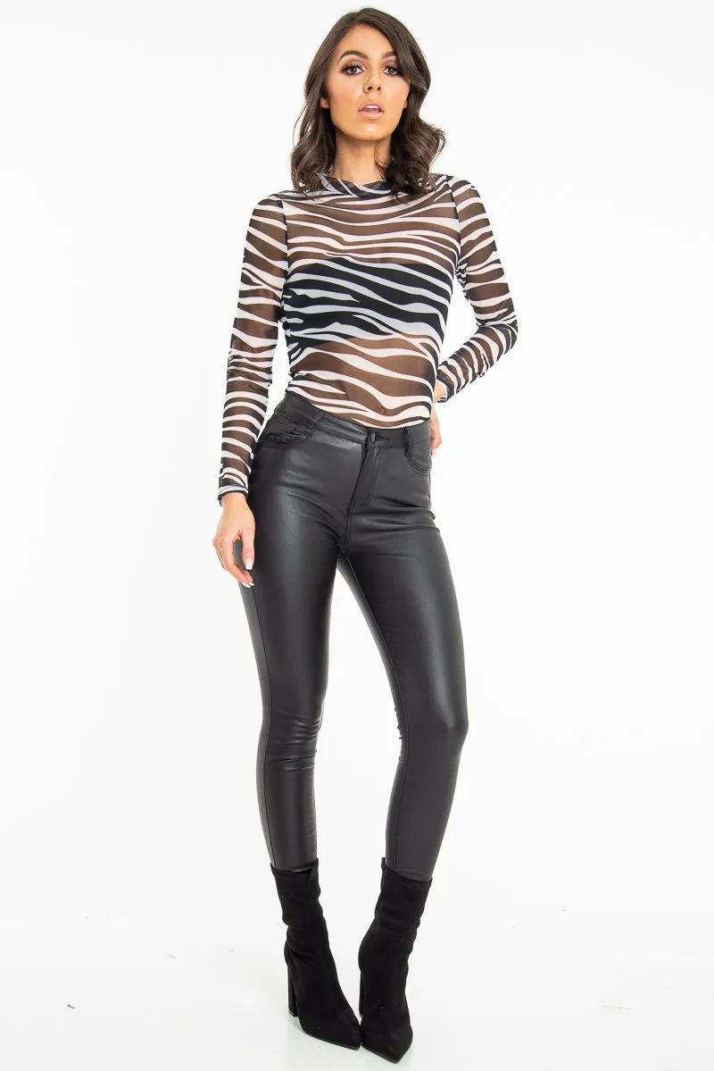 White Black Zebra Mesh High Neck Long Sleeved Top - Soleil