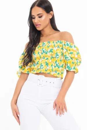 White Lemon Print Shirred Bardot Puff Sleeve Crop Top - Agnes