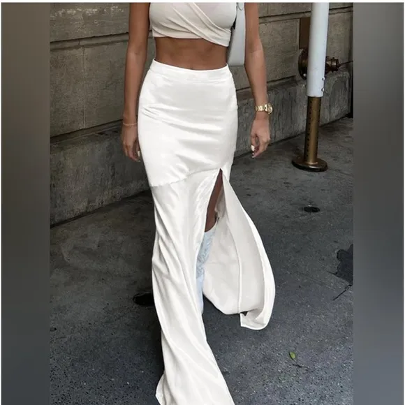 White maxi floor length satin patchwork contrasting skirt with side slit