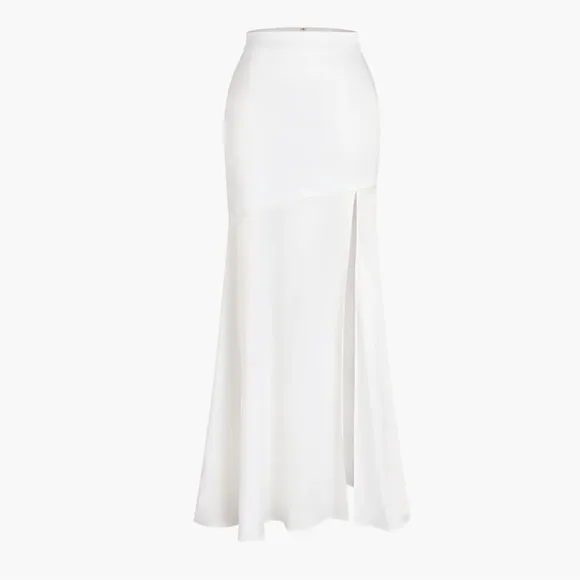 White maxi floor length satin patchwork contrasting skirt with side slit