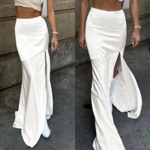 White maxi floor length satin patchwork contrasting skirt with side slit