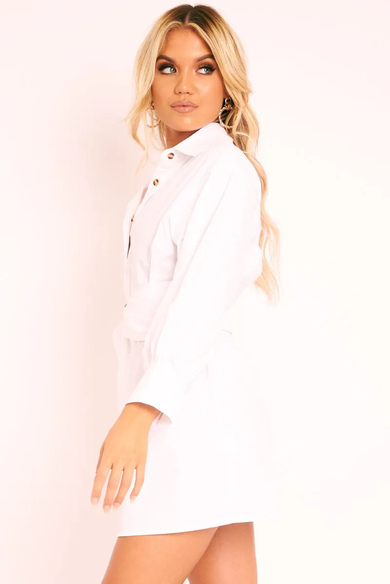 White Resin Belt Gathered Sleeve Shirt Dress - Tawny
